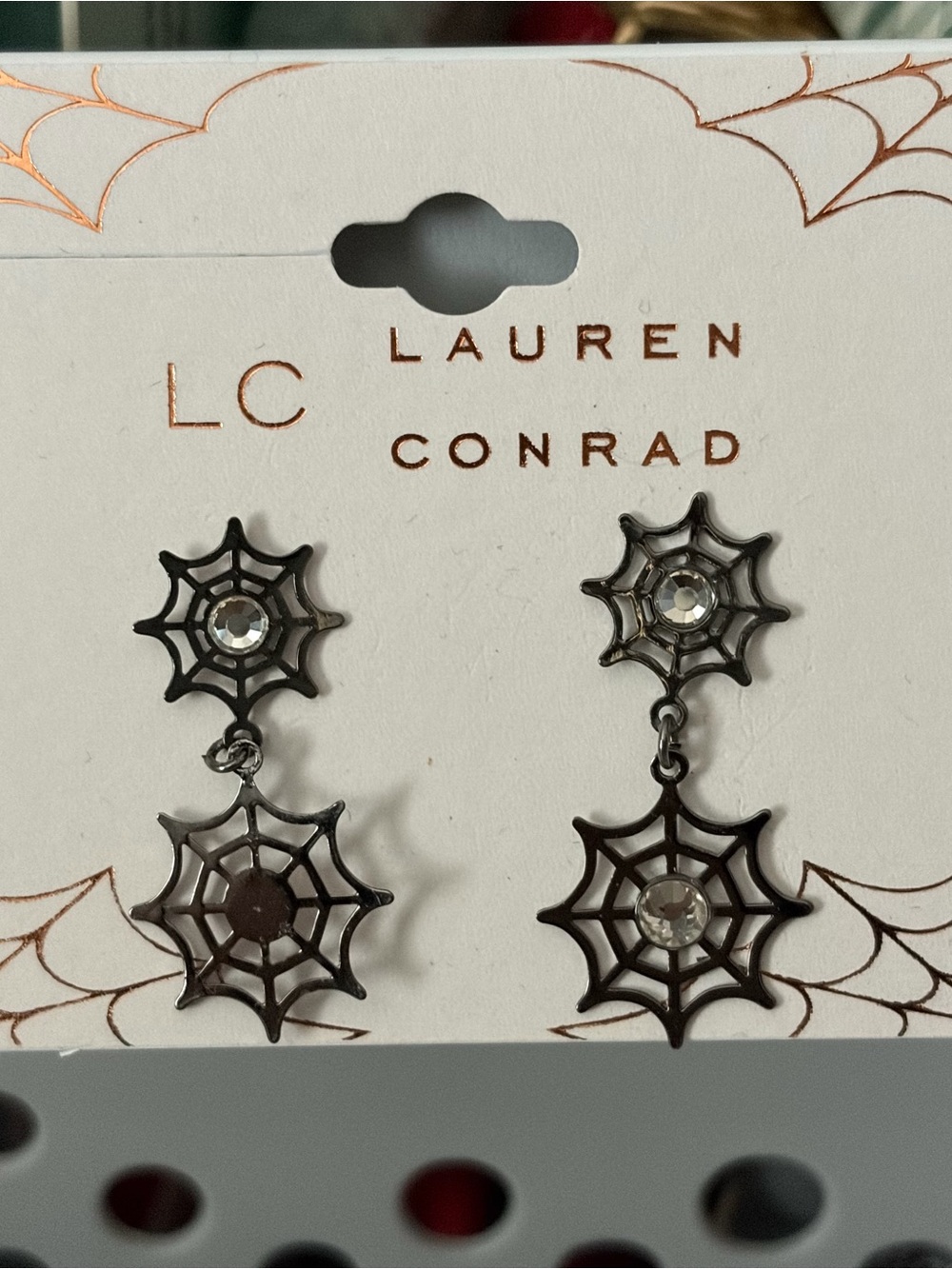 LC Lauren Conrad Gunmetal Spiderweb Drop Earrings with Clear Crystal